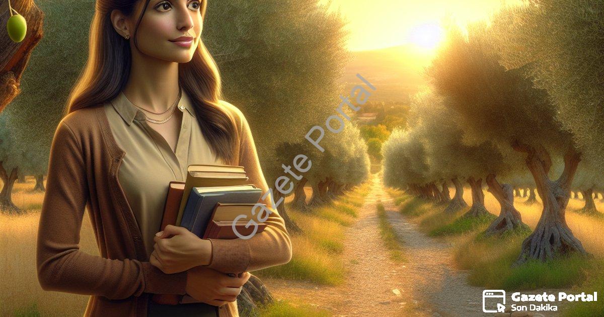 "Genç kadın öğretmen zeytin bahçesinde hayatını yeniden kurdu" başlıklı haber için fotorealistik, pr
